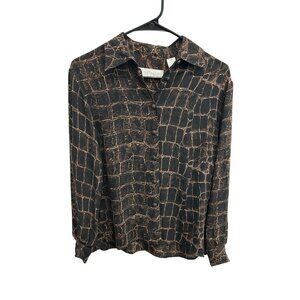 Dana Buchman Petite Button-Up Long Sleeve Shirt BrownBlack Abstract Print Sz 2P